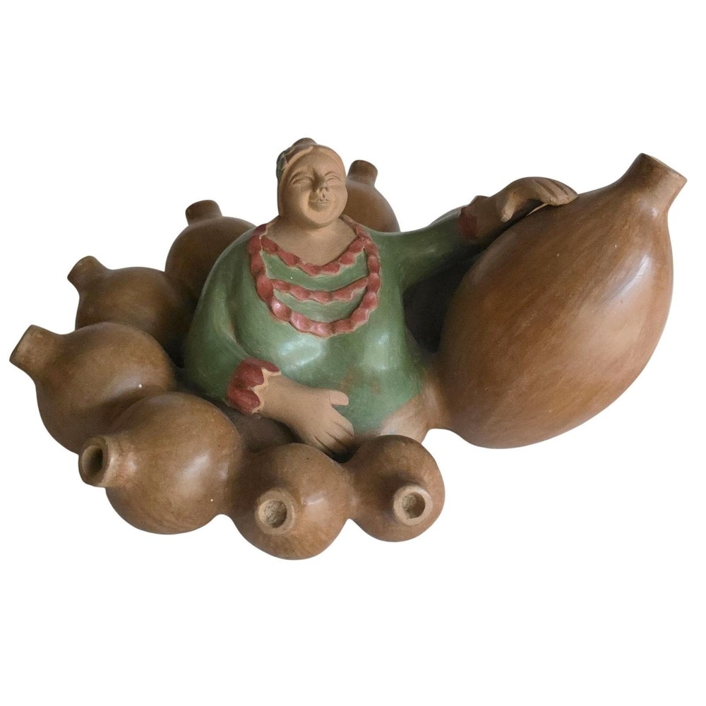 Chulucanas Peruvian Pottery Woman w/ Pots Folk Art '96 Emegdio Castillo Artisan